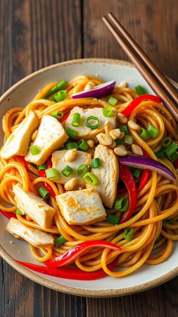 A colorful garlic butter chicken pad thai served in a bowl, garnished with green onions and peanuts.